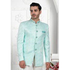 Sea Green Jacquard Silk Bandhgala Jacket 280371