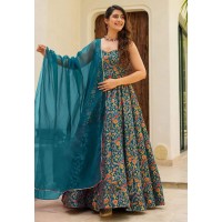 Teal Silk Readymade Long Anarkali Suit 306176