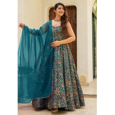 Teal Silk Readymade Long Anarkali Suit 306176