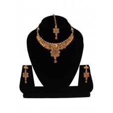 Golden Alloy Necklace Set With Earrings and Maang Tikka 257306