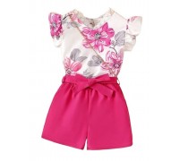 Girls' Floral Pattern Short Sleeves Cotton Silk Mini Jumpsuit with Mini Bag