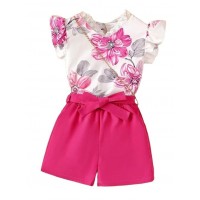 Girls' Floral Pattern Short Sleeves Cotton Silk Mini Jumpsuit with Mini Bag
