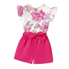 Girls' Floral Pattern Short Sleeves Cotton Silk Mini Jumpsuit with Mini Bag
