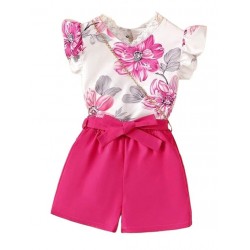Girls' Floral Pattern Short Sleeves Cotton Silk Mini Jumpsuit with Mini Bag