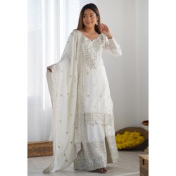 White Chinon Silk Readymade Sharara Suit 305831