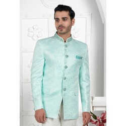 Sea Green Jacquard Silk Bandhgala Jacket 280371